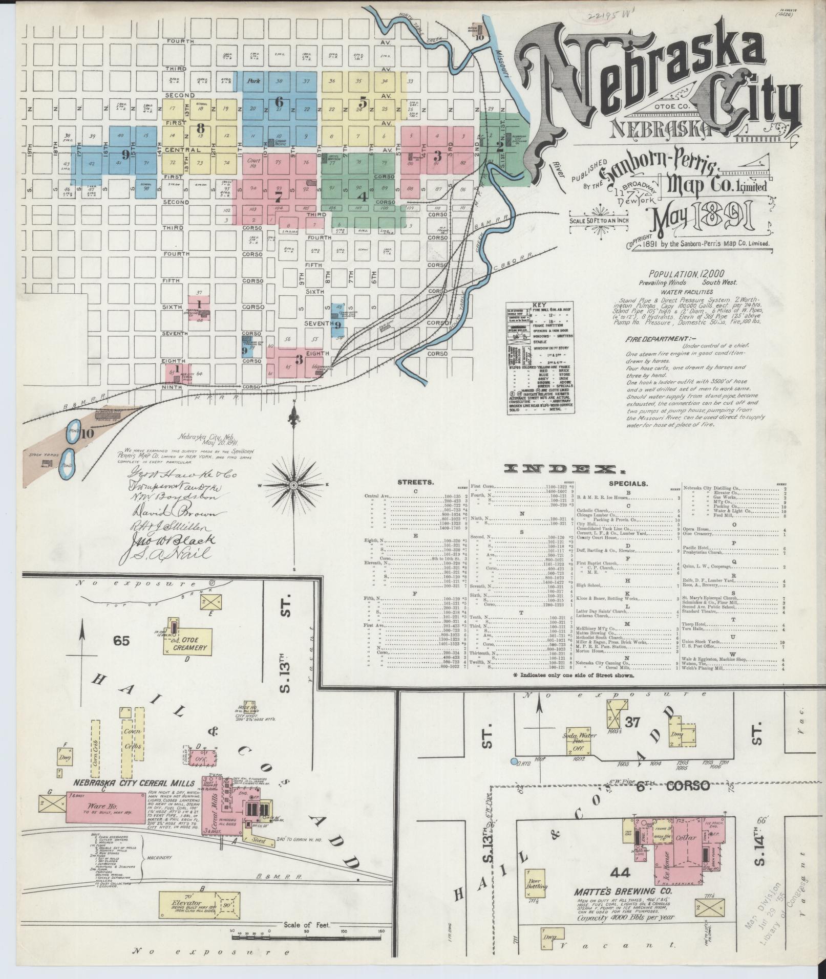 Sanborn Fire Insurance Map from Nebraska City, Otoe County, Nebraska (1891), Sheet #0001 - Historic Sanborn Fire Insurance Map Print, vintage old map wall art, antique decor, genealogy gift, Nebraska Nebraska map