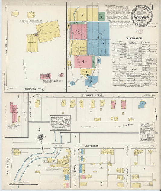 Sanborn Fire Insurance Map from Newtown, Bucks County, Pennsylvania (1915), Sheet #0001 - Historic Sanborn Fire Insurance Map Print, vintage old map wall art, antique decor, genealogy gift, Pennsylvania Pennsylvania map