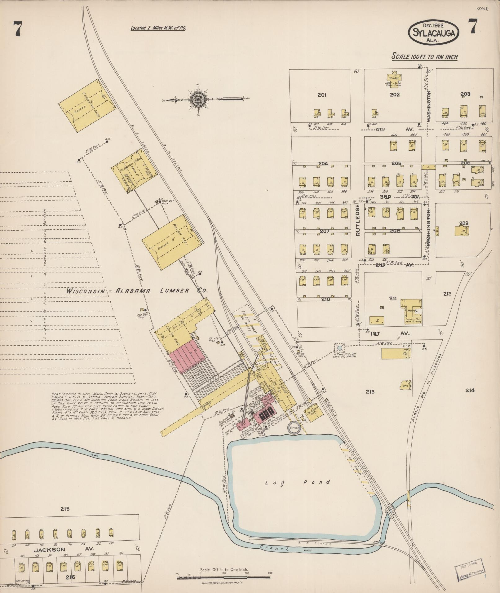 Sanborn Fire Insurance Map from Sylacauga, Talladega County, Alabama (1922), Sheet #0007 - Complete Map Set gallery image, historic Sanborn map, vintage wall art, Alabama Alabama