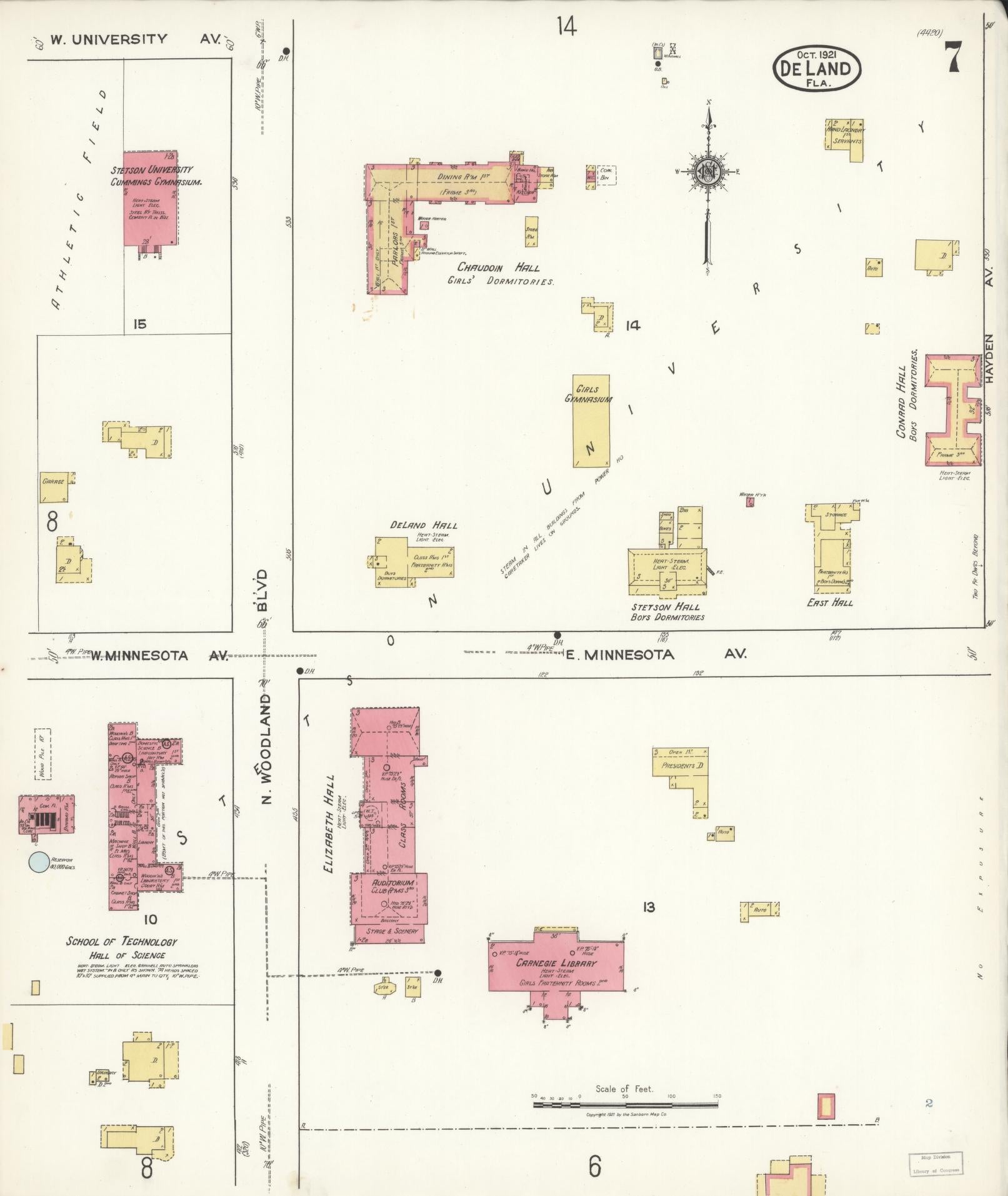 Sanborn Fire Insurance Map from De Land, Volusia County, Florida (1921), Sheet #0007 - Historic Sanborn Fire Insurance Map Print, vintage old map wall art, antique decor, genealogy gift, Florida Florida map