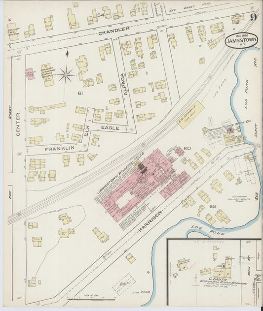 Sanborn Fire Insurance Map from Jamestown, Chautauqua County, New York (1886), Sheet #0009 - Historic Sanborn Fire Insurance Map Print, vintage old map wall art, antique decor, genealogy gift, New York New York map