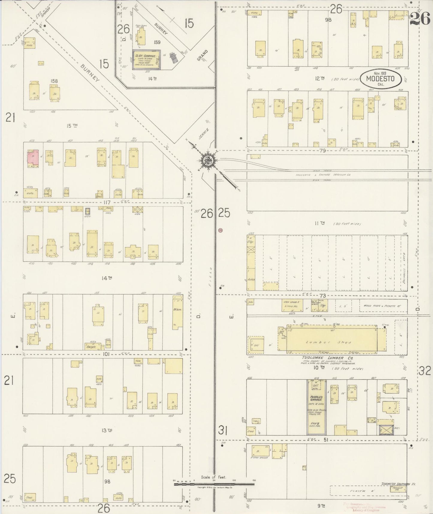 Sanborn Fire Insurance Map from Modesto, Stanislaus County, California (1919), Sheet #0026 - Complete Map Set gallery image, historic Sanborn map, vintage wall art, California California