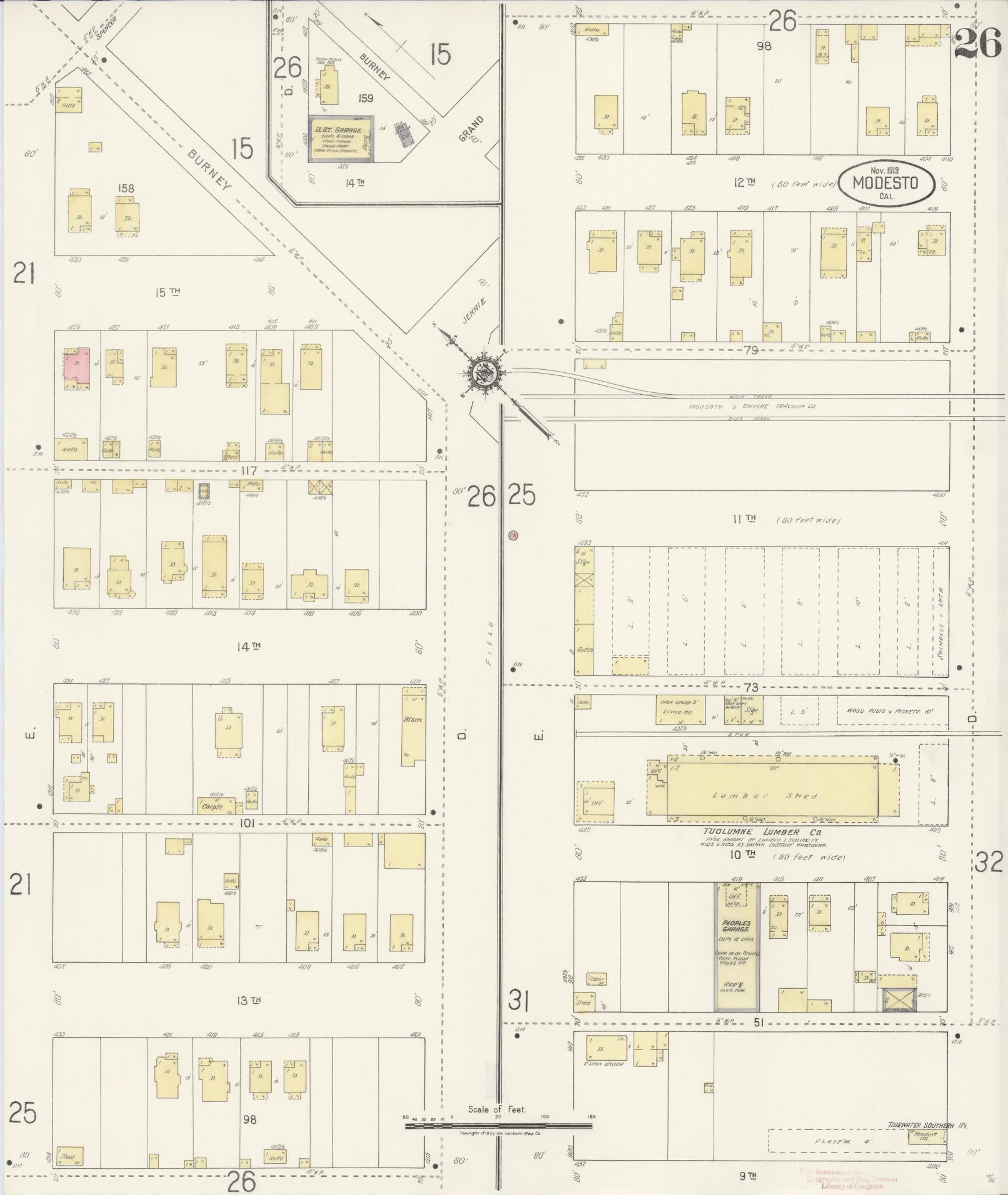 Sanborn Fire Insurance Map from Modesto, Stanislaus County, California (1919), Sheet #0026 - Complete Map Set gallery image, historic Sanborn map, vintage wall art, California California