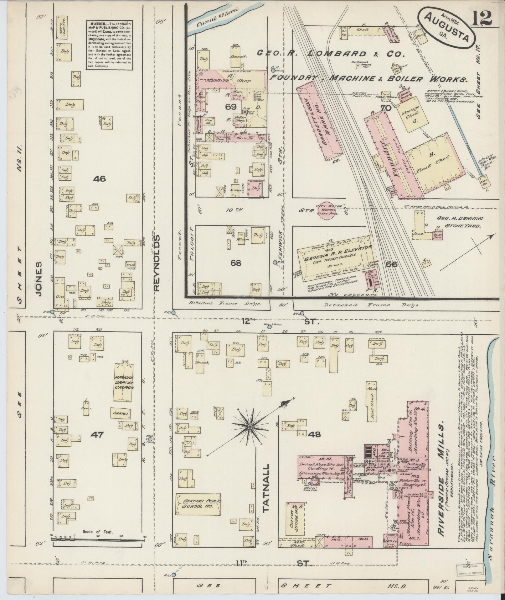 Sanborn Fire Insurance Map from Augusta, Richmond County, Georgia (1884), Sheet #0012 - Historic Sanborn Fire Insurance Map Print, vintage old map wall art, antique decor, genealogy gift, Georgia Georgia map