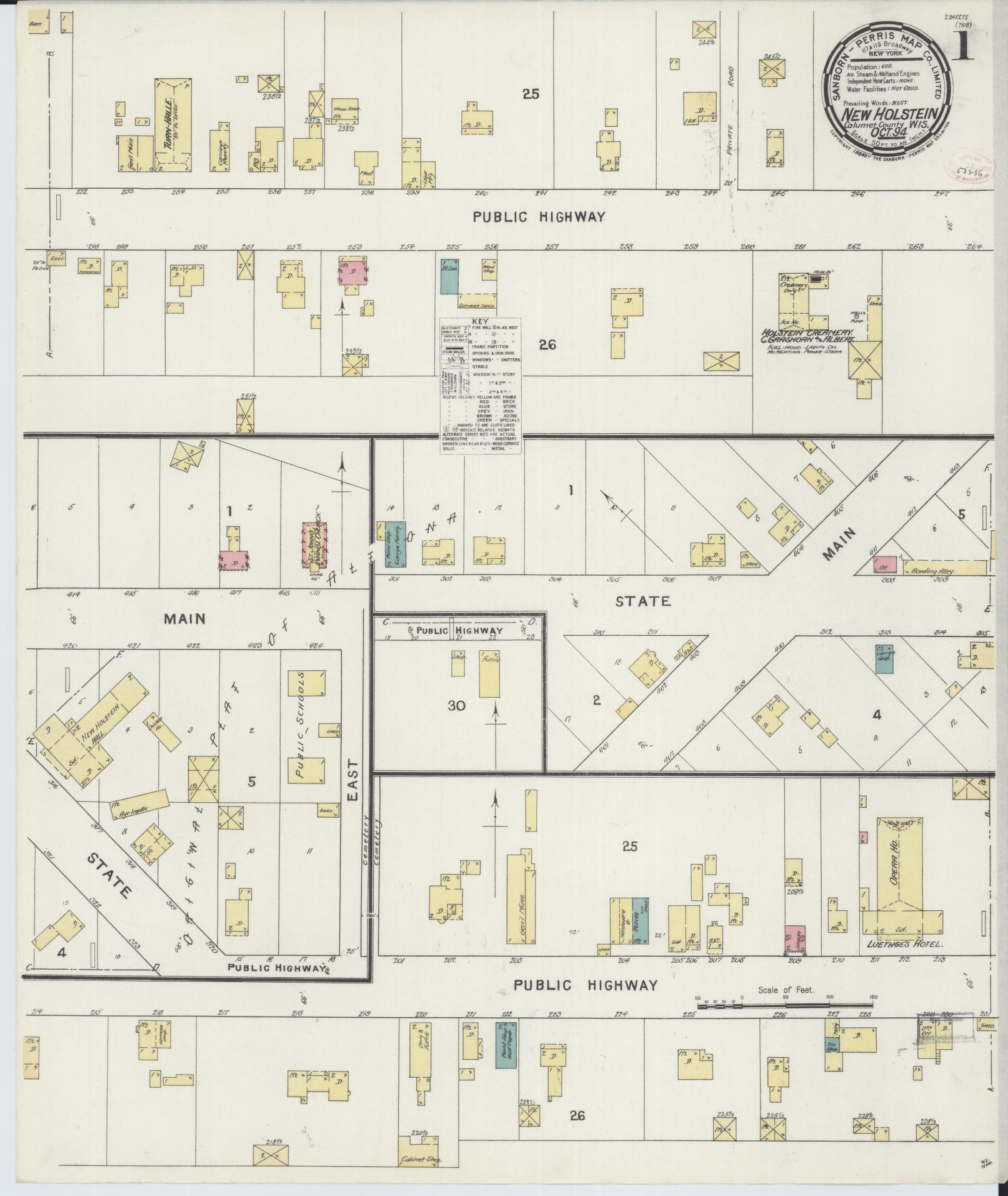 Sanborn Fire Insurance Map from New Holstein, Calumet County, Wisconsin (1894), Sheet #0001 - Historic Sanborn Fire Insurance Map Print, vintage old map wall art, antique decor, genealogy gift, Wisconsin Wisconsin map