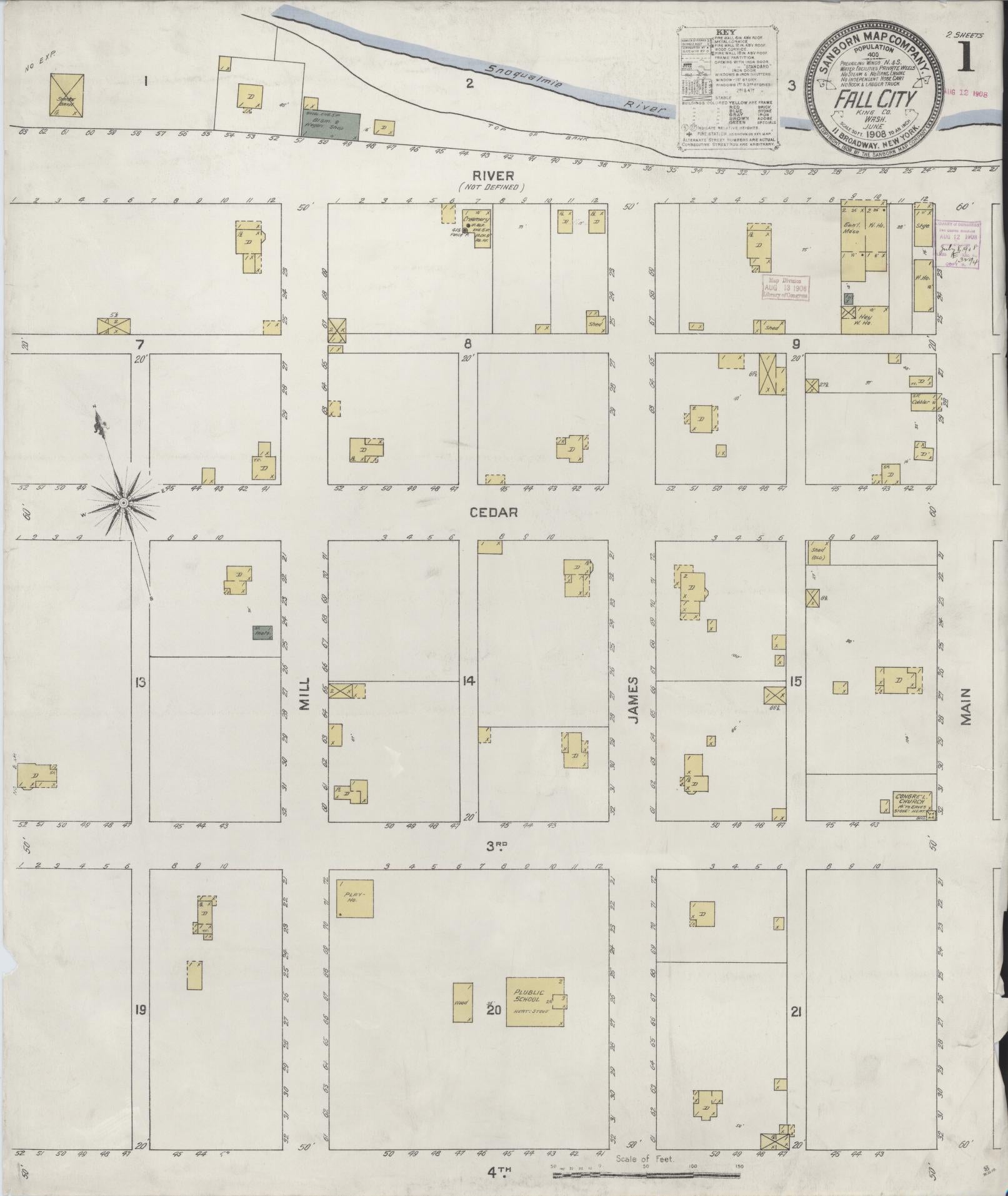 Sanborn Fire Insurance Map from Fall City, King County, Washington (1908), Sheet #0001 - Historic Sanborn Fire Insurance Map Print, vintage old map wall art, antique decor, genealogy gift, Washington Washington map