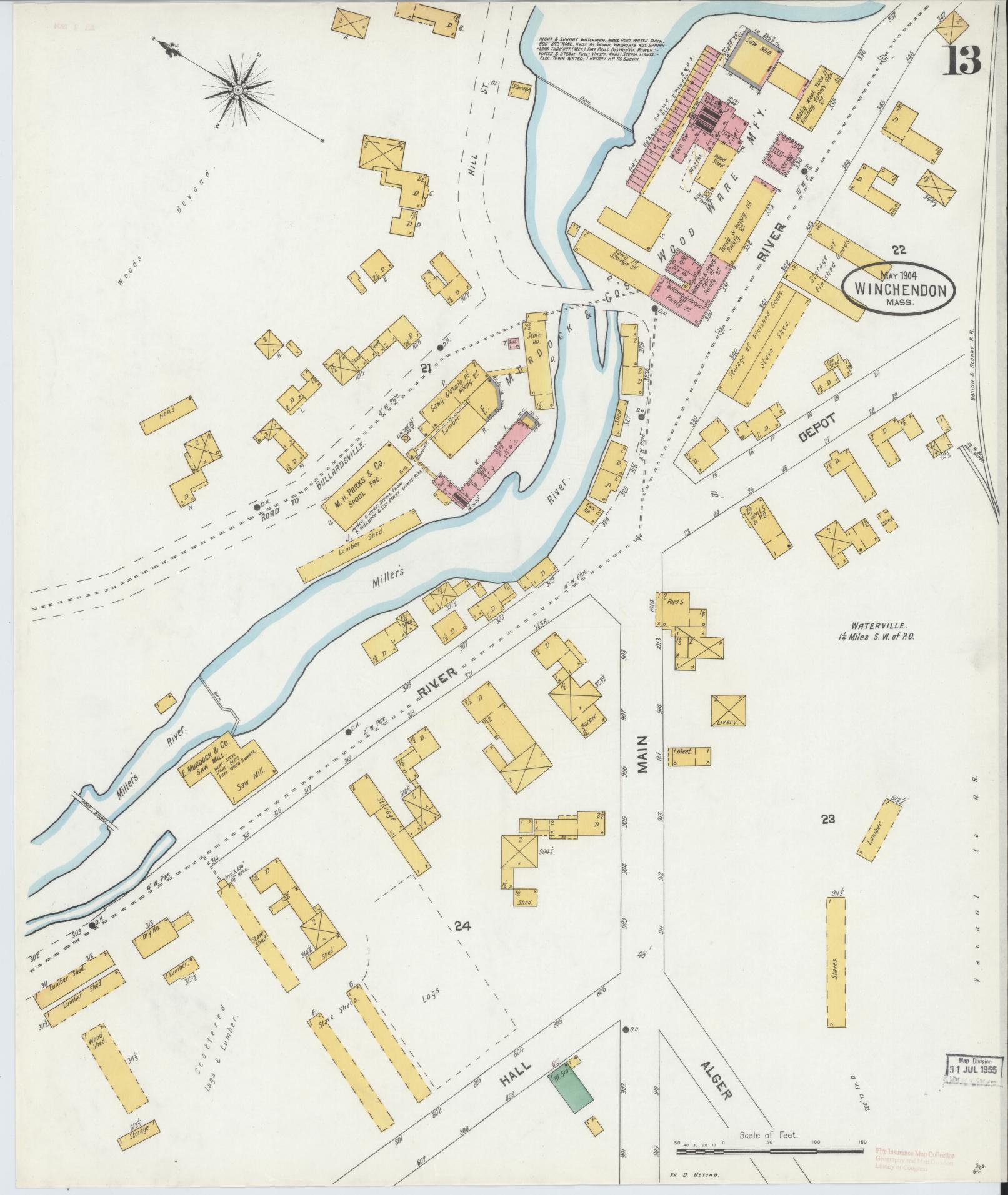 Sanborn Fire Insurance Map from Winchendon, Worcester County, Massachusetts (1904), Sheet #0013 - Historic Sanborn Fire Insurance Map Print, vintage old map wall art, antique decor, genealogy gift, Massachusetts Massachusetts map