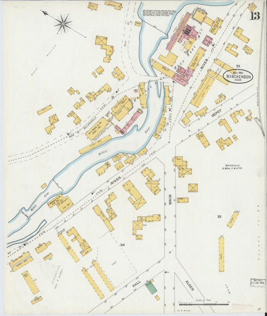 Sanborn Fire Insurance Map from Winchendon, Worcester County, Massachusetts (1904), Sheet #0013 - Historic Sanborn Fire Insurance Map Print, vintage old map wall art, antique decor, genealogy gift, Massachusetts Massachusetts map