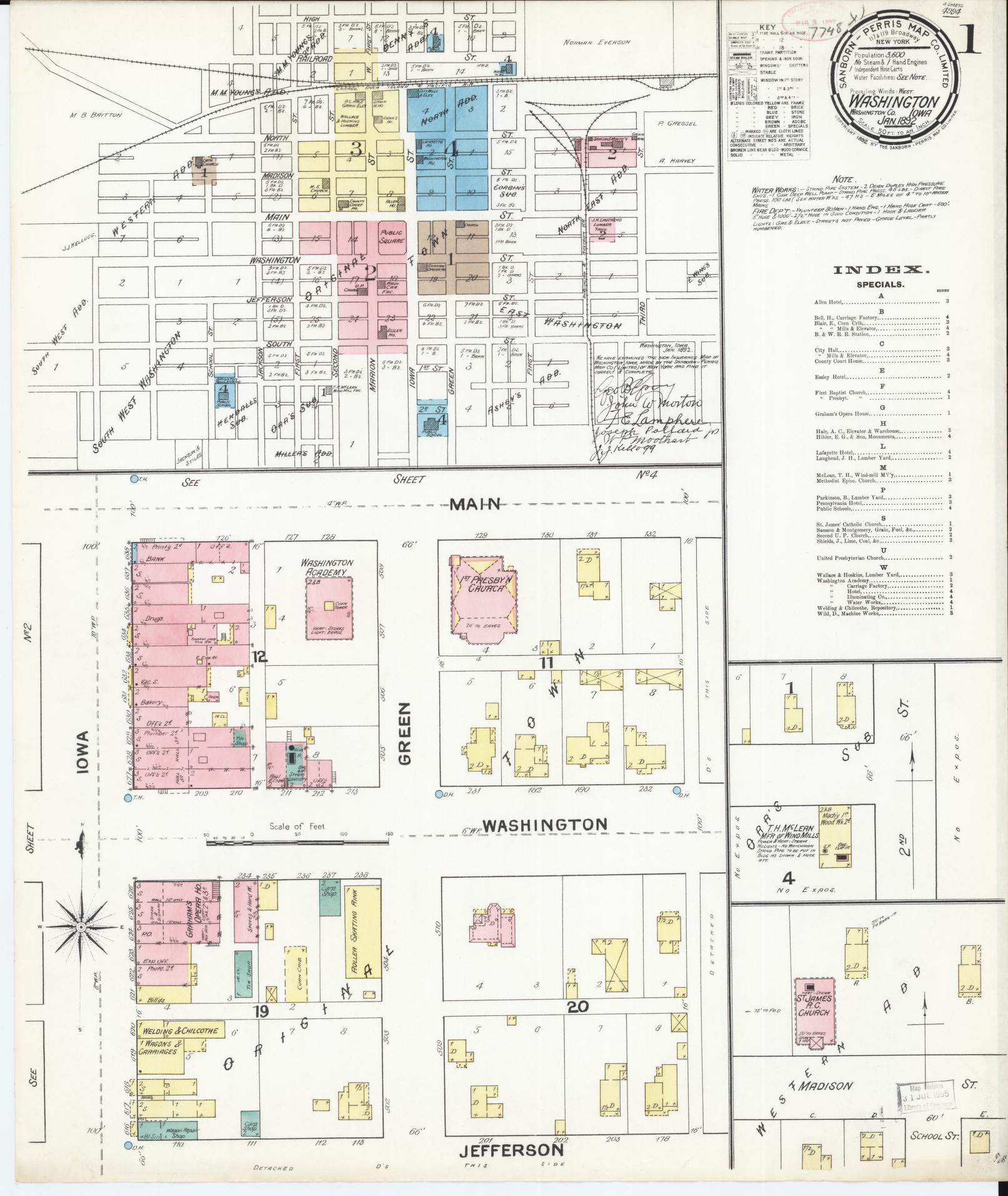 Sanborn Fire Insurance Map from Washington, Washington County, Iowa (1892), Sheet #0001 - Historic Sanborn Fire Insurance Map Print