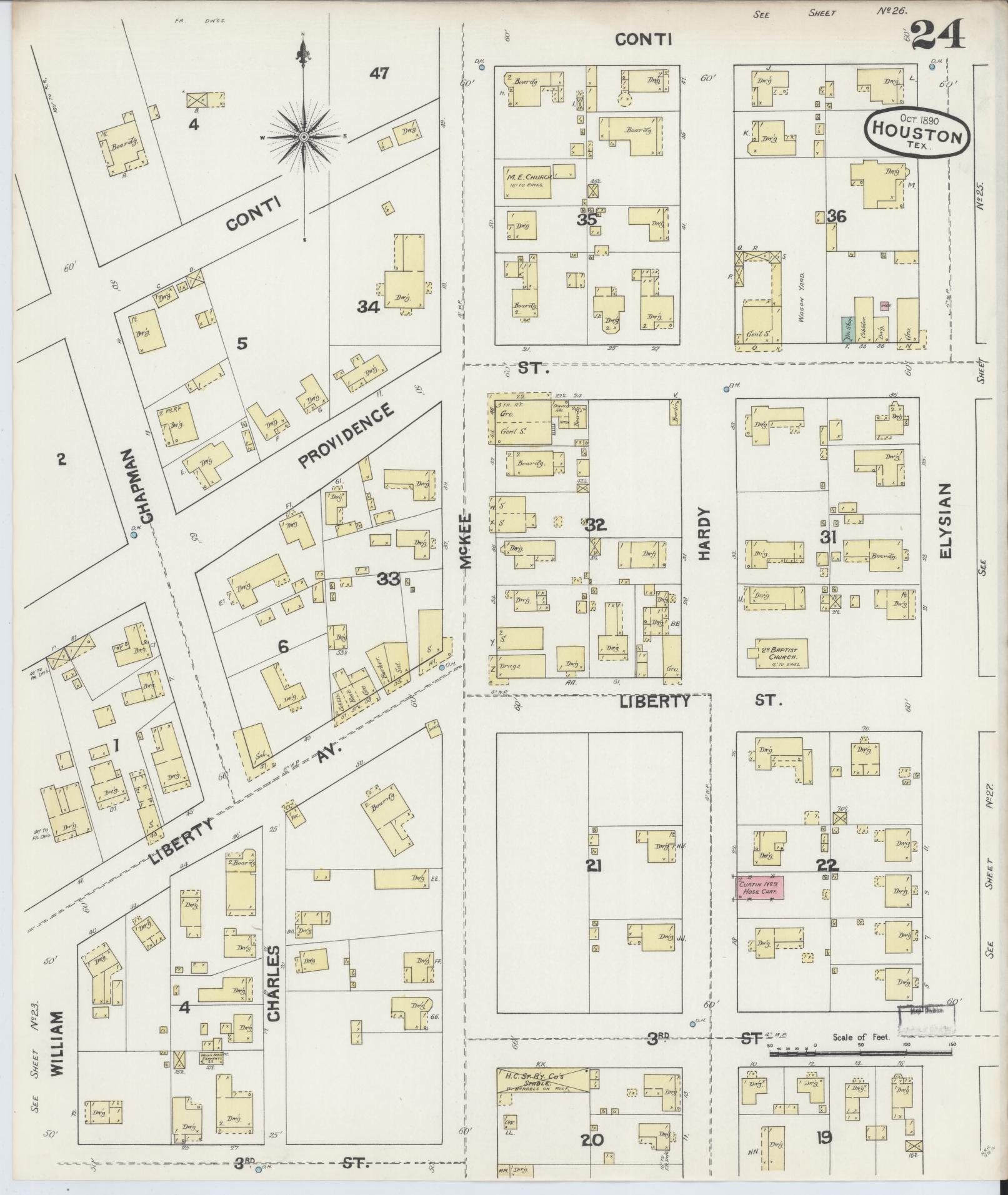 Sanborn Fire Insurance Map from Houston, Harris County, Texas (1890), Sheet #0024 - Historic Sanborn Fire Insurance Map Print, vintage old map wall art, antique decor, genealogy gift, Texas Texas map