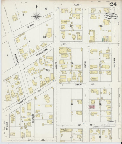 Sanborn Fire Insurance Map from Houston, Harris County, Texas (1890), Sheet #0024 - Historic Sanborn Fire Insurance Map Print, vintage old map wall art, antique decor, genealogy gift, Texas Texas map