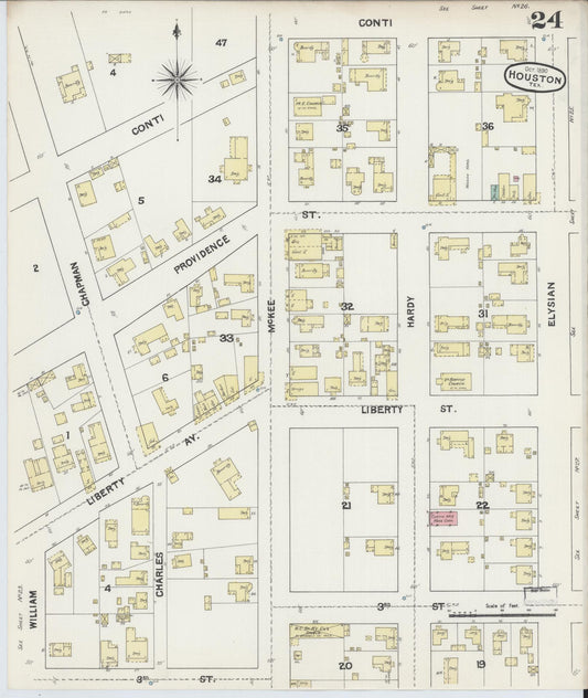 Sanborn Fire Insurance Map from Houston, Harris County, Texas (1890), Sheet #0024 - Historic Sanborn Fire Insurance Map Print, vintage old map wall art, antique decor, genealogy gift, Texas Texas map
