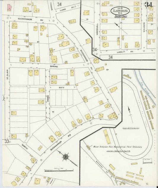 Sanborn Fire Insurance Map from Clarksburg, Harrison County, West Virginia (1911), Sheet #0034 - Historic Sanborn Fire Insurance Map Print, vintage old map wall art, antique decor, genealogy gift, West Virginia West Virginia map