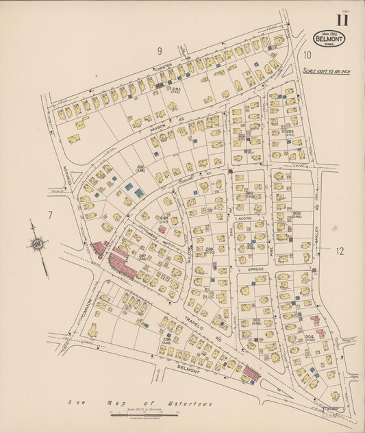 Sanborn Fire Insurance Map from Belmont, Middlesex County, Massachusetts (1922), Sheet #0011 - Historic Sanborn Fire Insurance Map Print, vintage old map wall art, antique decor, genealogy gift, Massachusetts Massachusetts map