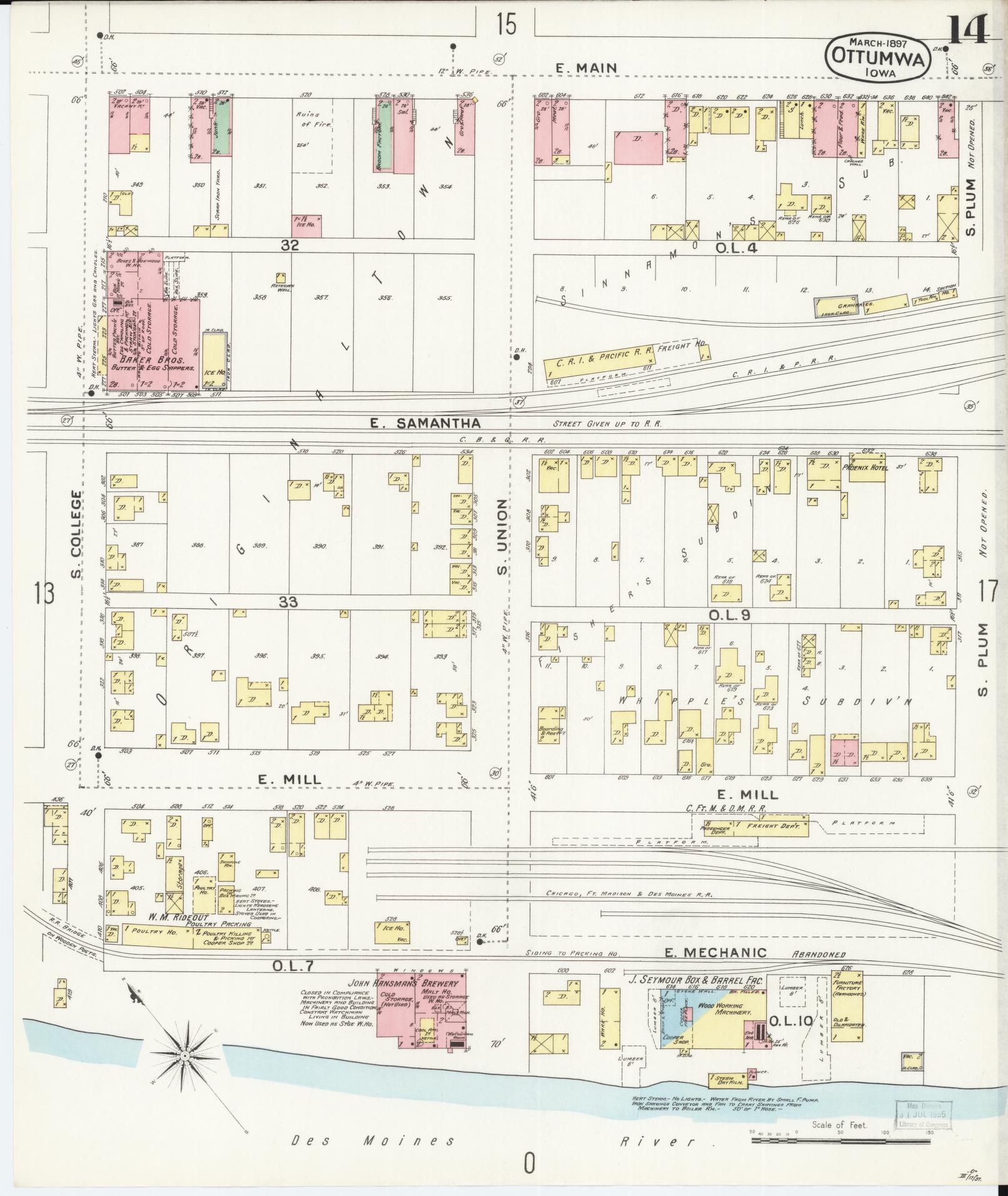 Sanborn Fire Insurance Map from Ottumwa, Wapello County, Iowa (1897), Sheet #0014 - Historic Sanborn Fire Insurance Map Print, vintage old map wall art