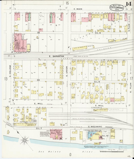 Sanborn Fire Insurance Map from Ottumwa, Wapello County, Iowa (1897), Sheet #0014 - Historic Sanborn Fire Insurance Map Print, vintage old map wall art