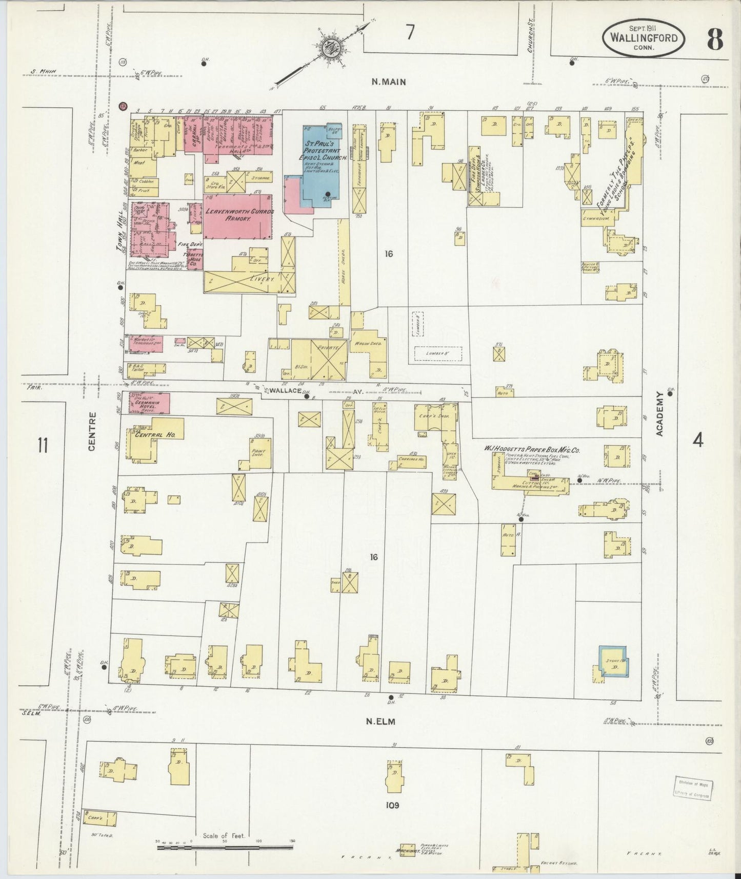 Sanborn Fire Insurance Map from Wallingford, New Haven County, Connecticut (1911), Sheet #0008 - Complete Map Set gallery image, historic Sanborn map, vintage wall art, Connecticut Connecticut