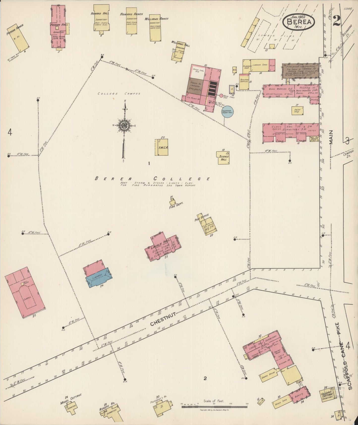 Sanborn Fire Insurance Map from Berea, Madison County, Kentucky (1922), Sheet #0002 - Complete Map Set gallery image, historic Sanborn map, vintage wall art, Kentucky Kentucky