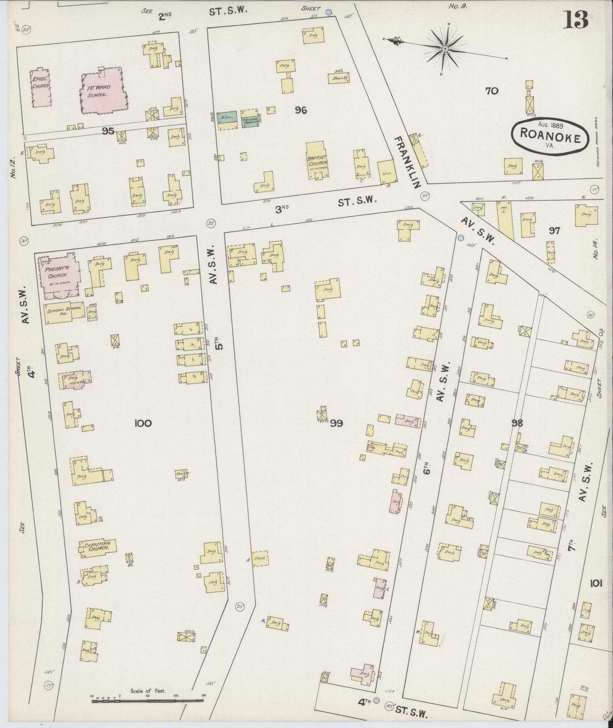 Sanborn Fire Insurance Map from Roanoke, Independent Cities, Virginia (1889), Sheet #0013 - Complete Map Set gallery image, historic Sanborn map, vintage wall art, Virginia Virginia