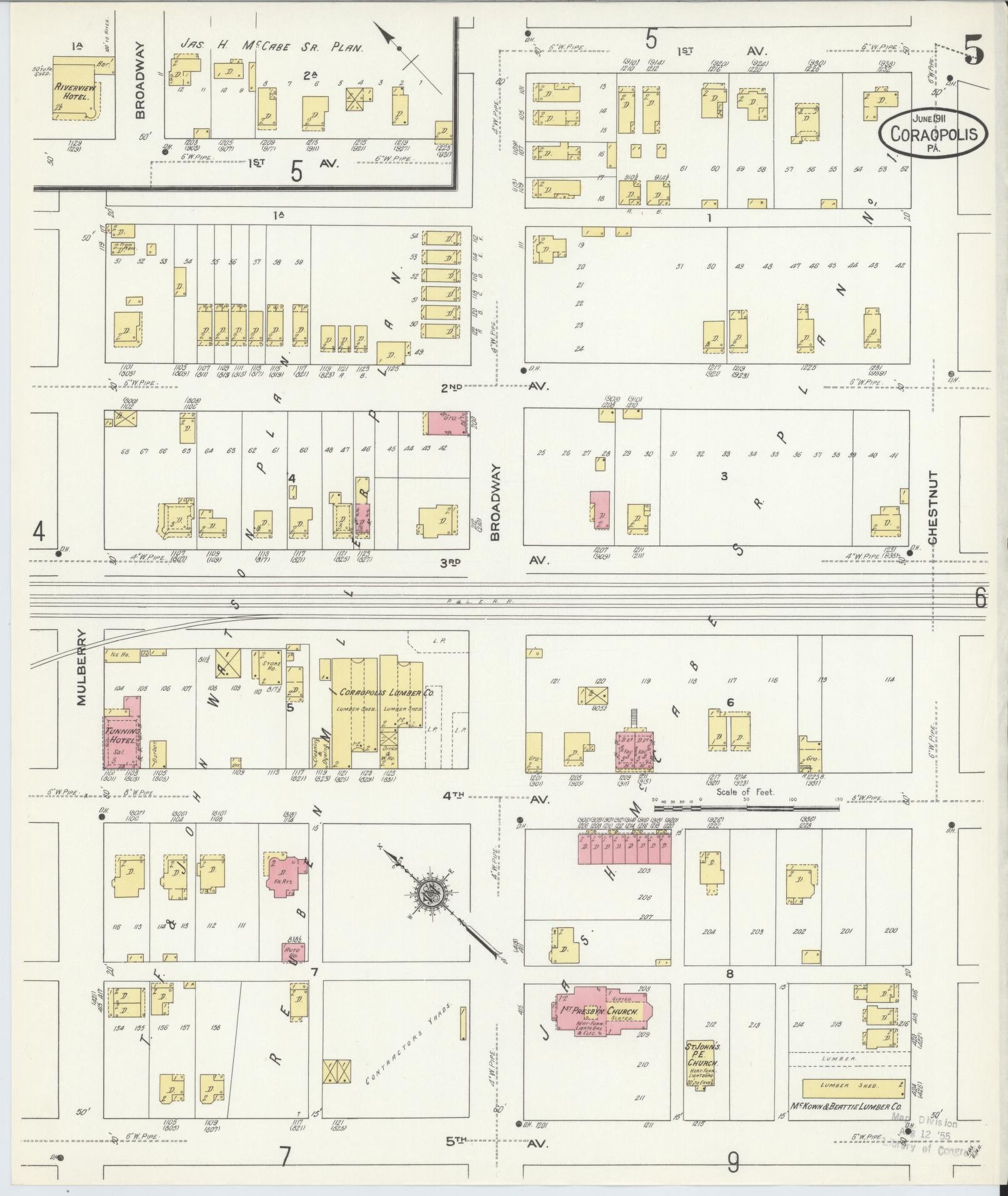 Sanborn Fire Insurance Map from Coraopolis, Allegheny County, Pennsylvania (1911), Sheet #0005 - Historic Sanborn Fire Insurance Map Print, vintage old map wall art, antique decor, genealogy gift, Pennsylvania Pennsylvania map