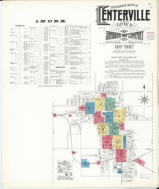 Sanborn Fire Insurance Map from Centerville, Appanoose County, Iowa (1907), Sheet #0001 - Historic Sanborn Fire Insurance Map Print