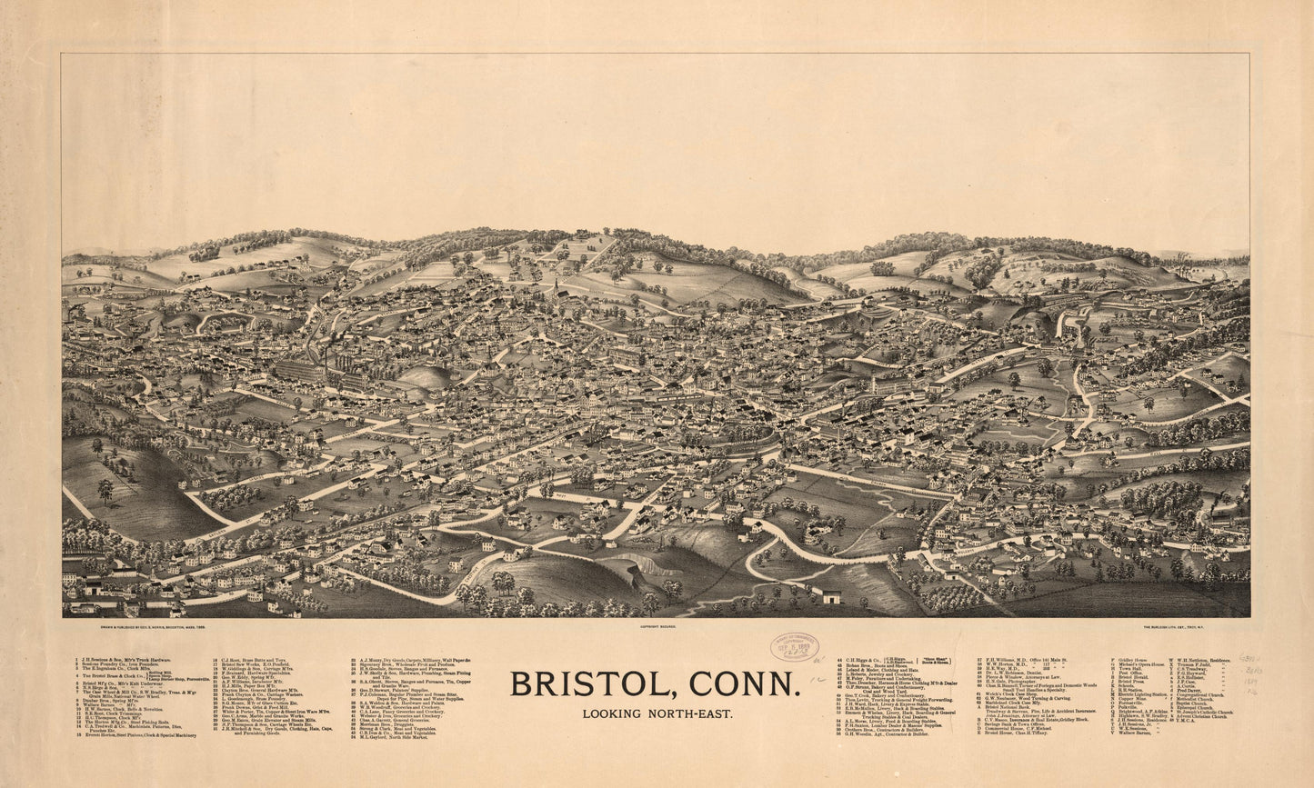Bristol, Conn. looking north-east. (1889) – Historic Bird’s-Eye View Panorama Print