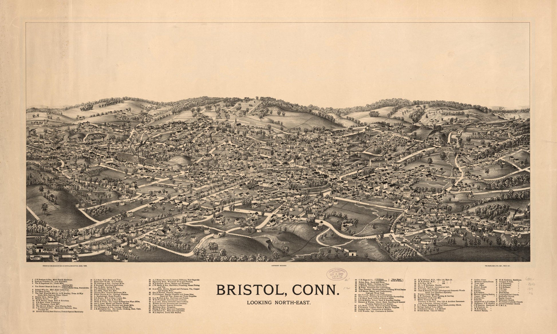Bristol, Conn. looking north-east. (1889) – Historic Bird’s-Eye View Panorama Print