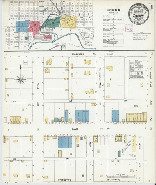 Sanborn Fire Insurance Map from Sulphur, Murray County, Oklahoma (1905), Sheet #0001 - Complete Map Set gallery image, historic Sanborn map, vintage wall art, Oklahoma Oklahoma