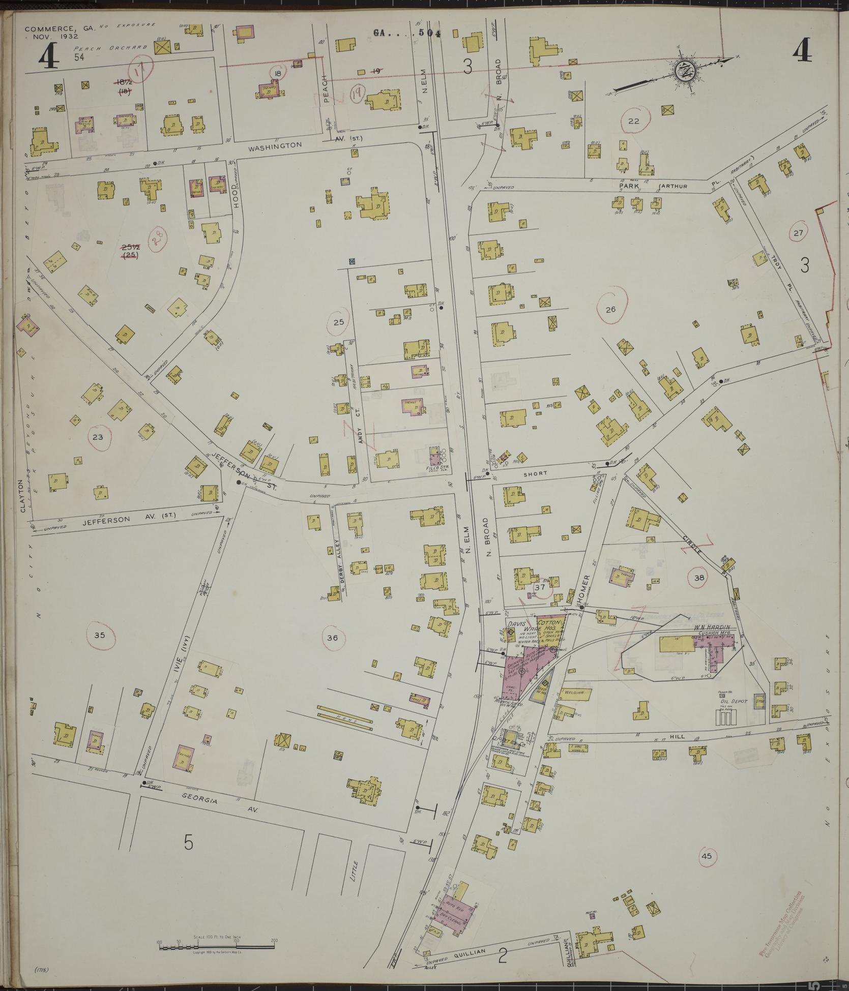 Sanborn Fire Insurance Map from Commerce, Jackson County, Georgia (1943), Sheet #0004 - Historic Sanborn Fire Insurance Map Print, vintage old map wall art, antique decor, genealogy gift, Georgia Georgia map