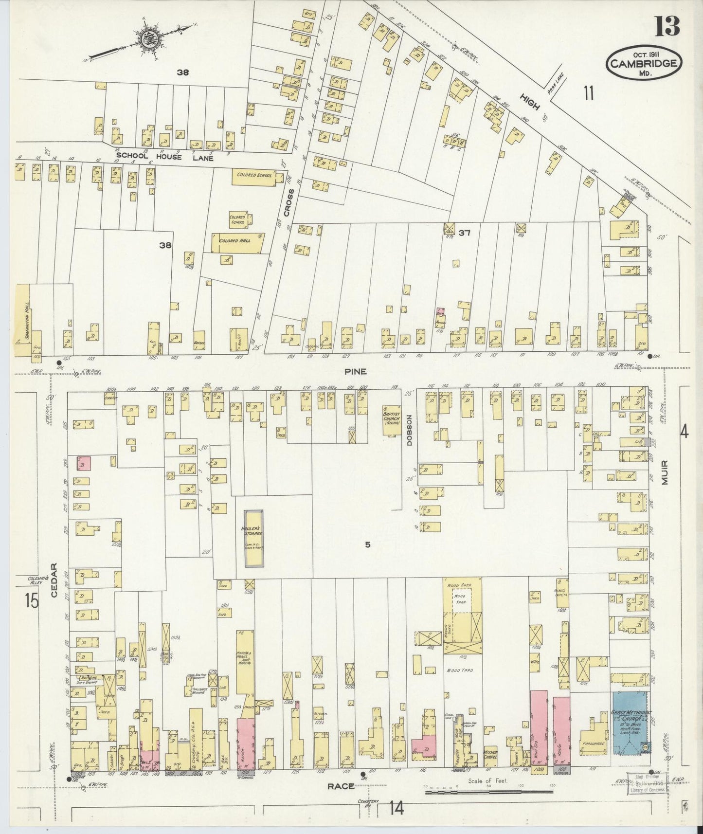 Dorchester, Maryland - 1911 - Sanborn Fire Insurance Map, Sheet #0013 - Historic Sanborn Fire Insurance Map Print, Dorchester Maryland 1911 0013 vintage old map wall art