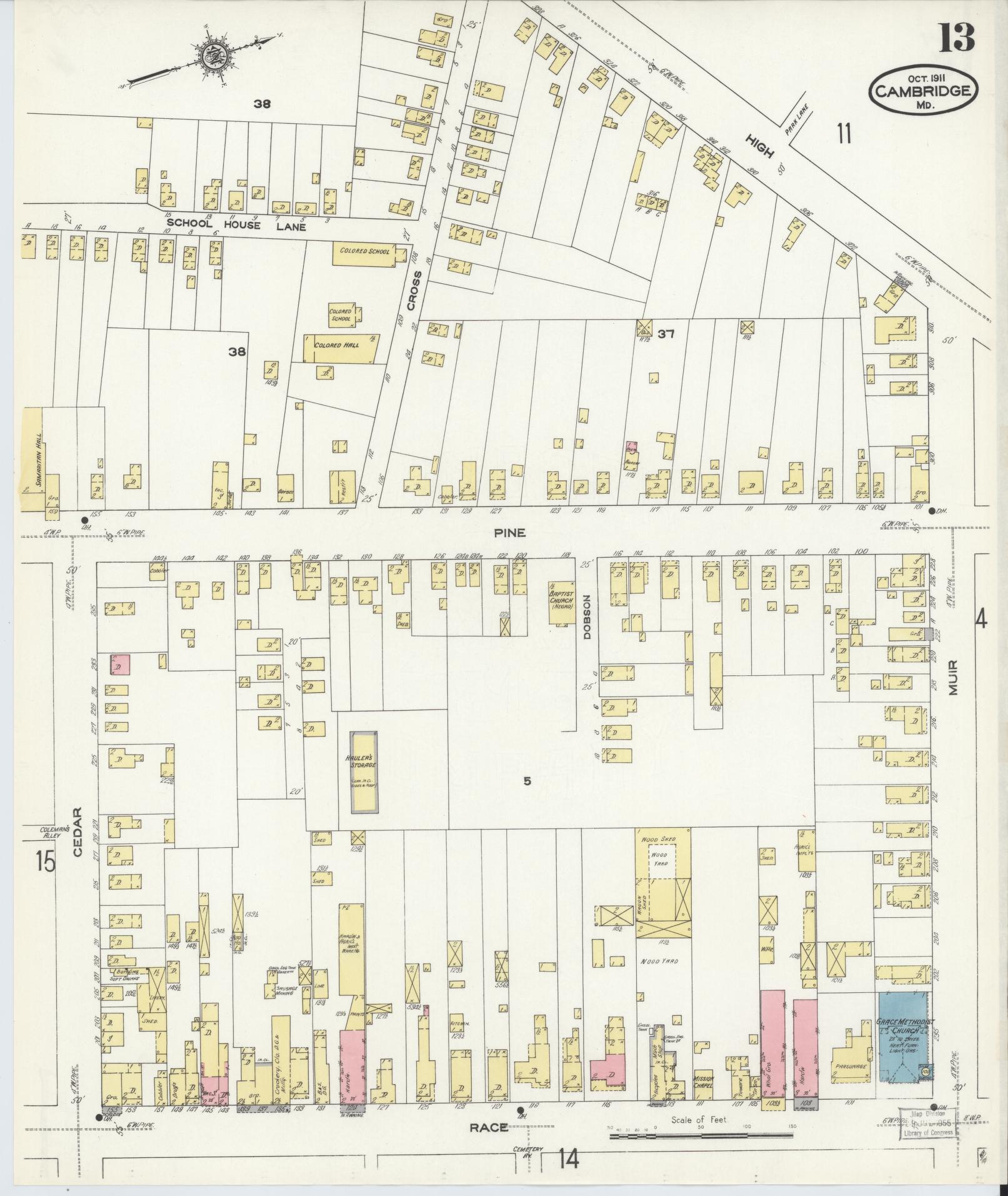 Dorchester, Maryland - 1911 - Sanborn Fire Insurance Map, Sheet #0013 - Historic Sanborn Fire Insurance Map Print, Dorchester Maryland 1911 0013 vintage old map wall art