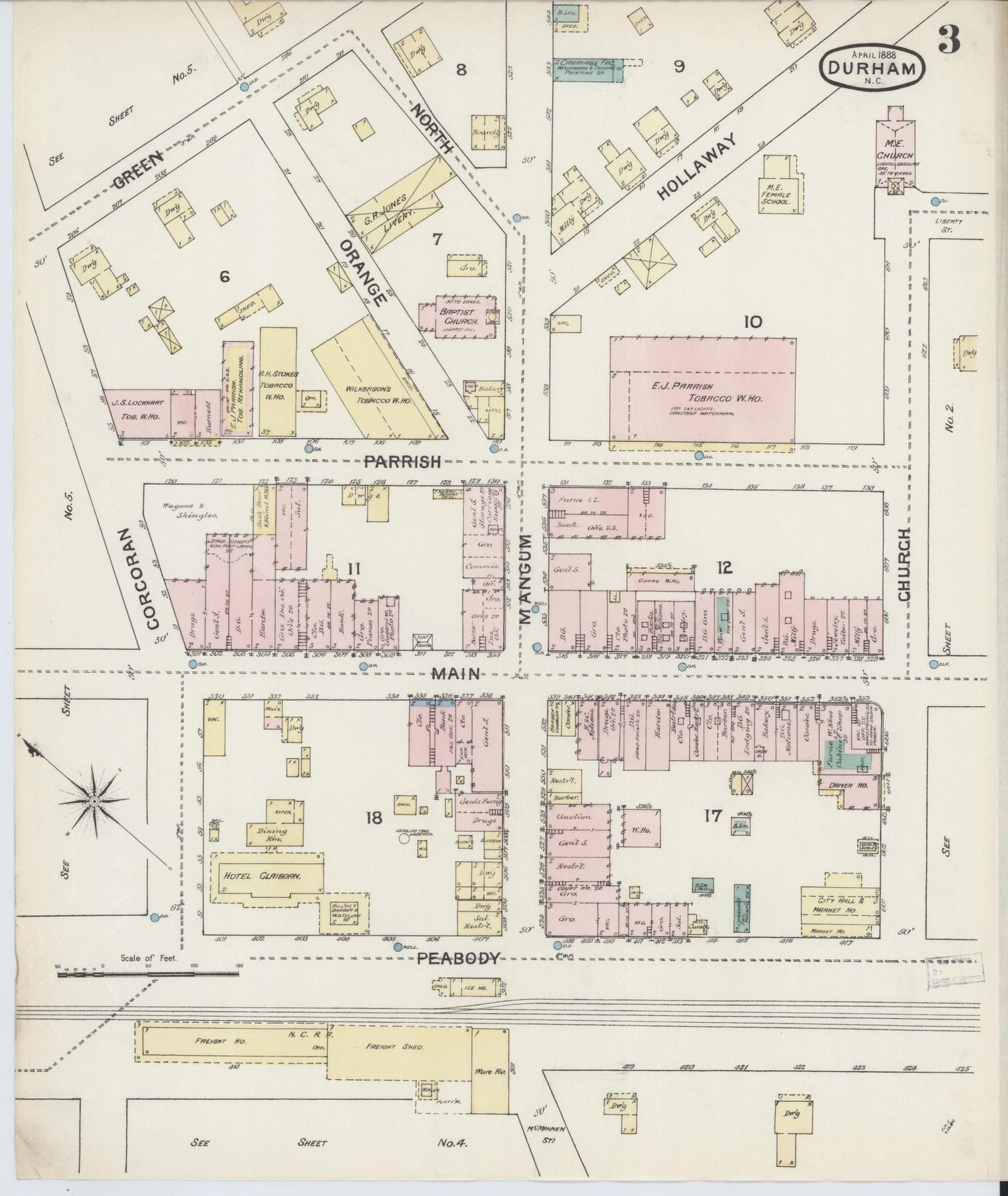 Sanborn Fire Insurance Map from Durham, Durham County, North Carolina (1888), Sheet #0003 - Complete Map Set gallery image, historic Sanborn map, vintage wall art, North Carolina North Carolina