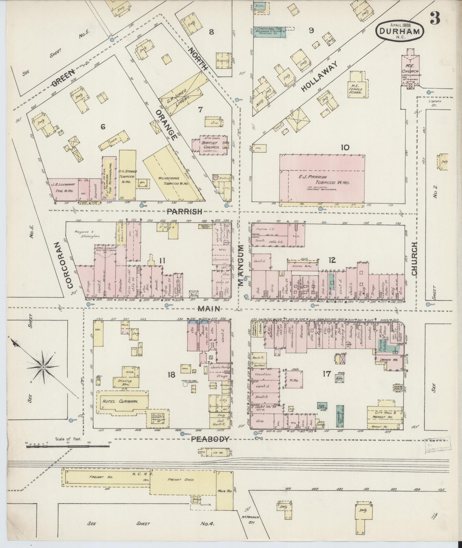 Sanborn Fire Insurance Map from Durham, Durham County, North Carolina (1888), Sheet #0003 - Complete Map Set gallery image, historic Sanborn map, vintage wall art, North Carolina North Carolina