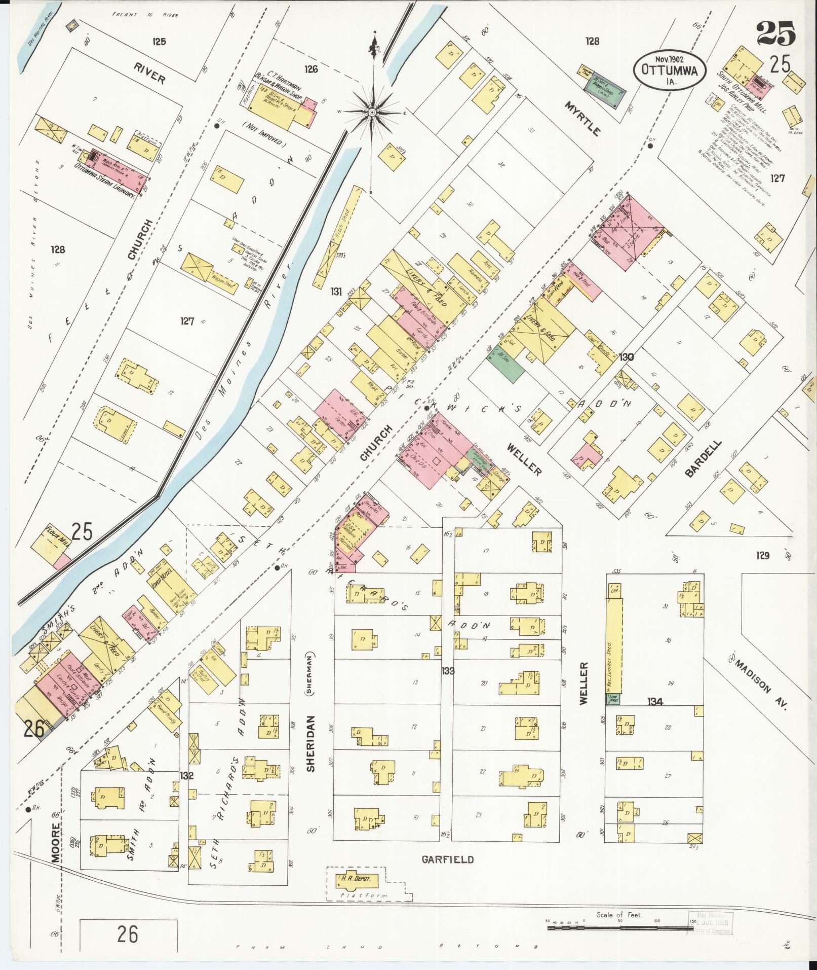Sanborn Fire Insurance Map from Ottumwa, Wapello County, Iowa (1902), Sheet #0025 - Historic Sanborn Fire Insurance Map Print, vintage old map wall art
