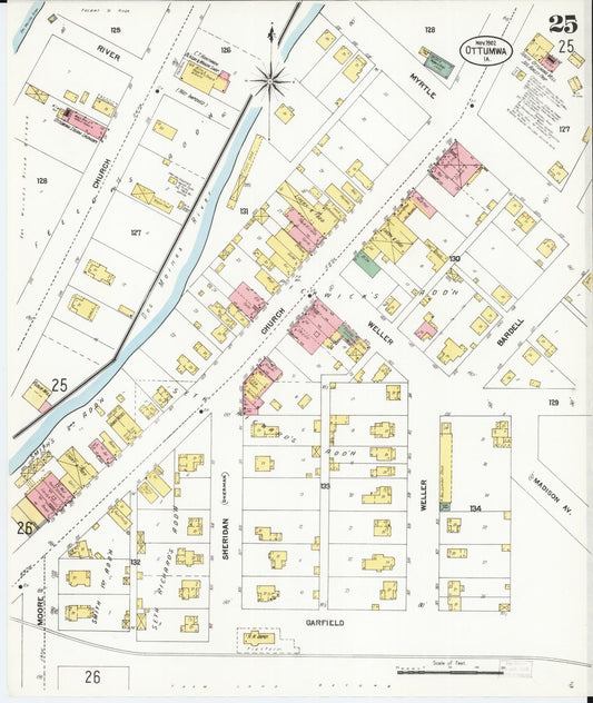 Sanborn Fire Insurance Map from Ottumwa, Wapello County, Iowa (1902), Sheet #0025 - Historic Sanborn Fire Insurance Map Print, vintage old map wall art