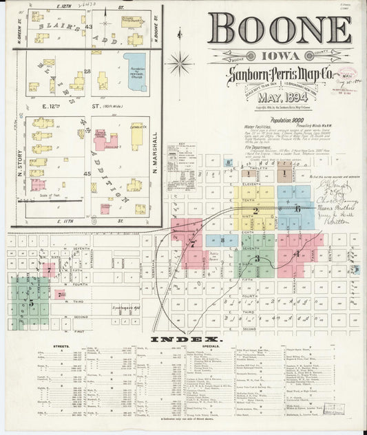 Sanborn Fire Insurance Map from Boone, Boone County, Iowa (1894), Sheet #0001 - Historic Sanborn Fire Insurance Map Print, vintage old map wall art