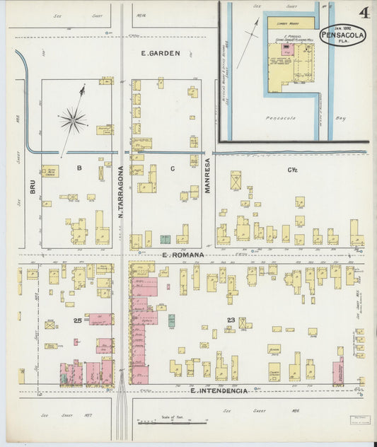 Sanborn Fire Insurance Map from Pensacola, Escambia County, Florida (1892), Sheet #0004 - Historic Sanborn Fire Insurance Map Print, vintage old map wall art, antique decor, genealogy gift, Florida Florida map