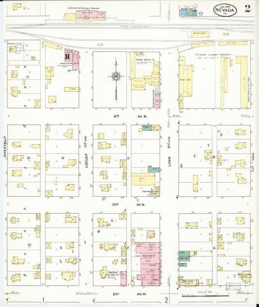 Sanborn Fire Insurance Map from Nevada, Story County, Iowa (1910), Sheet #0002 - Historic Sanborn Fire Insurance Map Print, vintage old map wall art