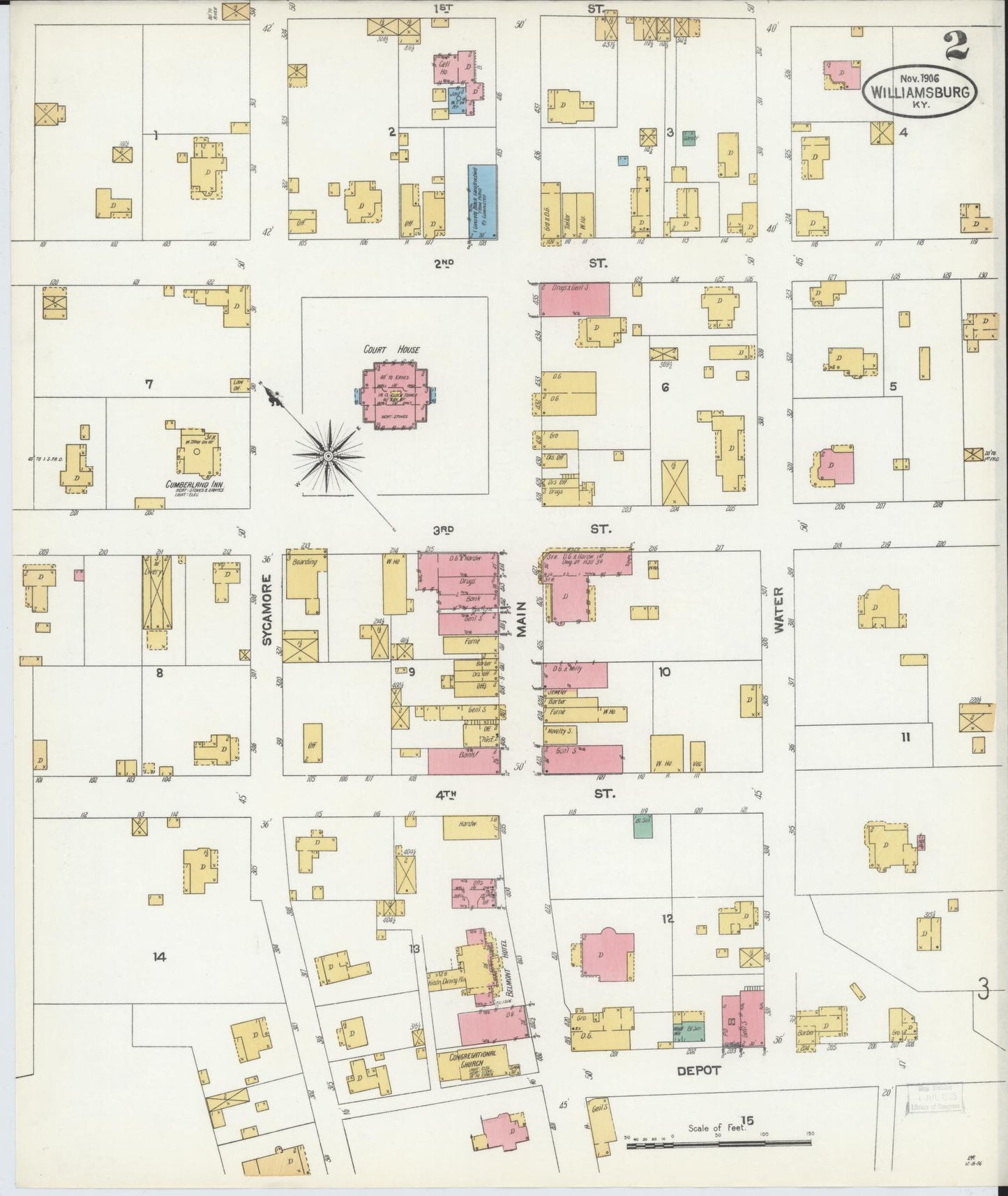 Sanborn Fire Insurance Map from Williamsburg, Whitley County, Kentucky (1906), Sheet #0002 - Complete Map Set gallery image, historic Sanborn map, vintage wall art, Kentucky Kentucky