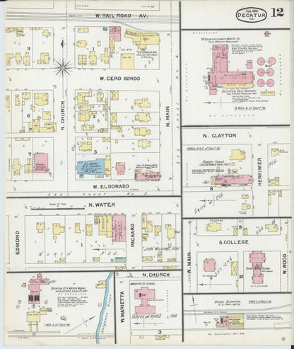 Sanborn Fire Insurance Map from Decatur, Macon County, Illinois (1892), Sheet #0012 - Historic Sanborn Fire Insurance Map Print, vintage old map wall art, antique decor, genealogy gift, Illinois Illinois map