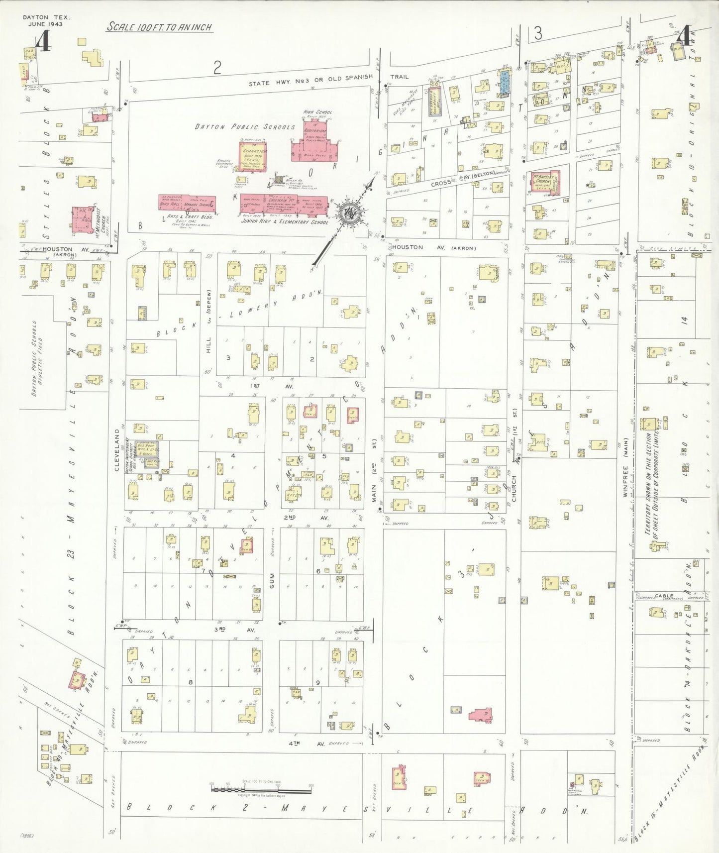 Sanborn Fire Insurance Map from Dayton, Liberty County, Texas (1943), Sheet #0004 - Complete Map Set gallery image, historic Sanborn map, vintage wall art, Texas Texas