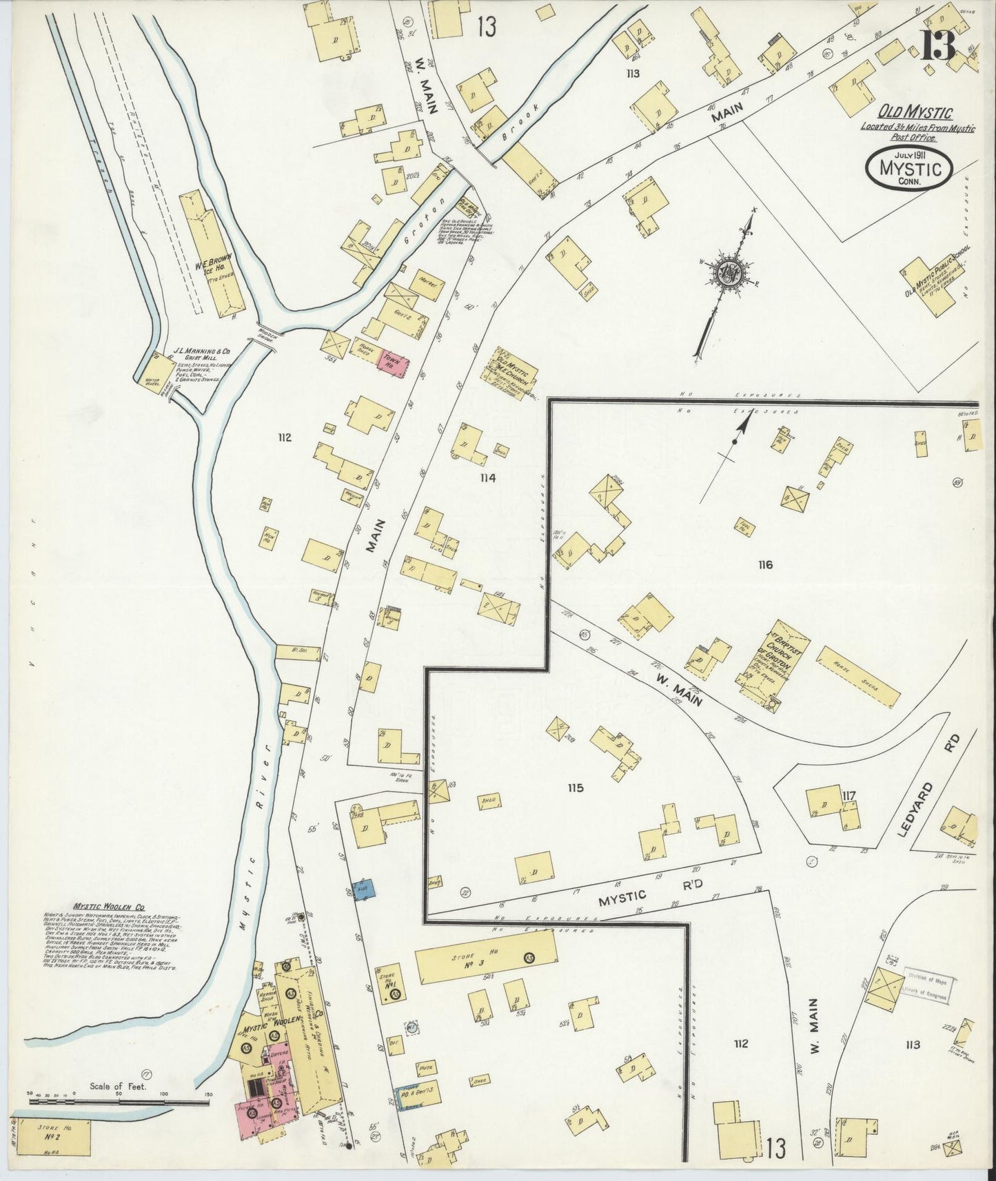 Sanborn Fire Insurance Map from Mystic, New London County, Connecticut (1911), Sheet #0013 - Historic Sanborn Fire Insurance Map Print, vintage old map wall art, antique decor, genealogy gift, Connecticut Connecticut map