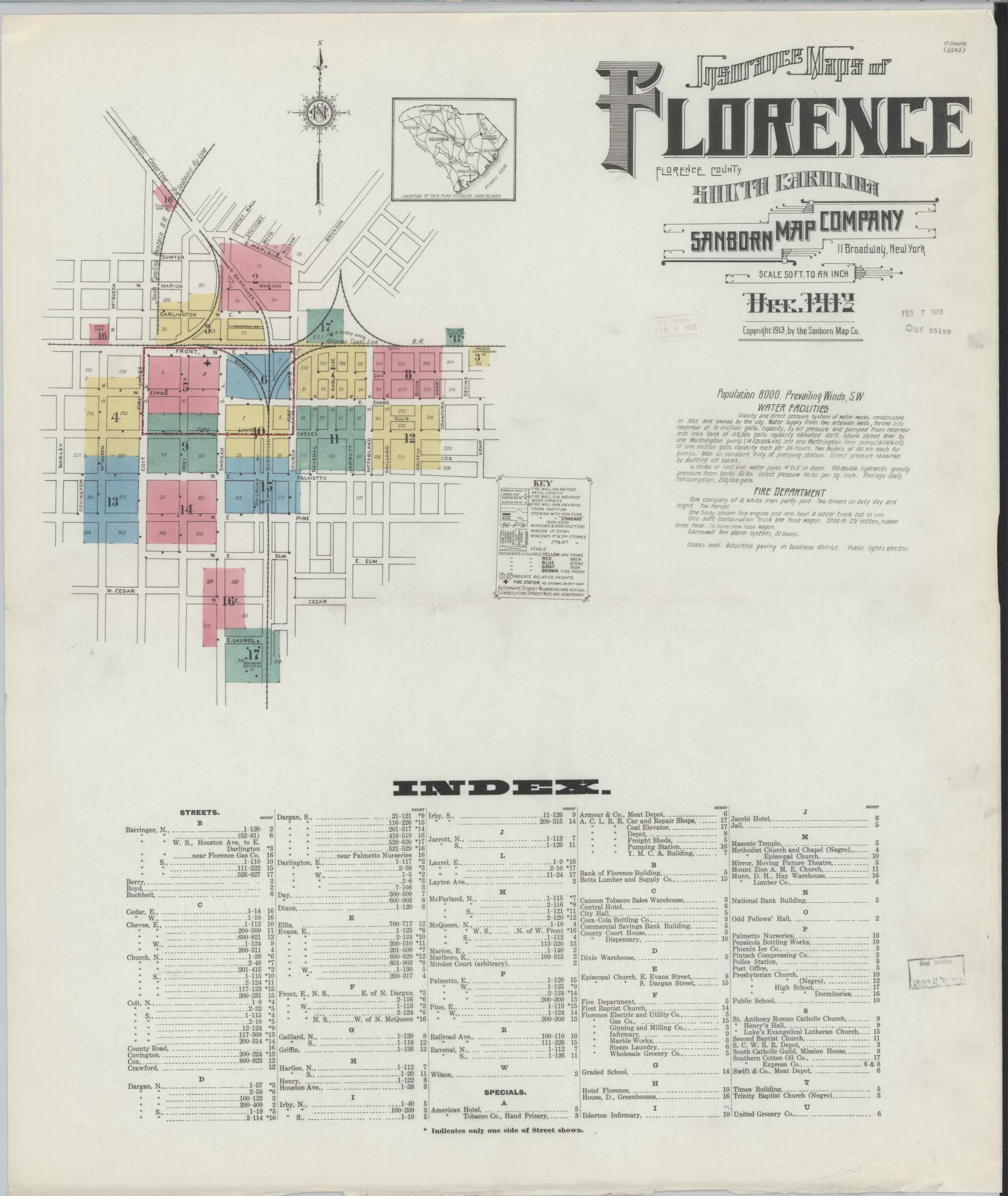 Sanborn Fire Insurance Map from Florence, Florence County, South Carolina (1912), Sheet #0001 - Complete Map Set gallery image, historic Sanborn map, vintage wall art, South Carolina South Carolina