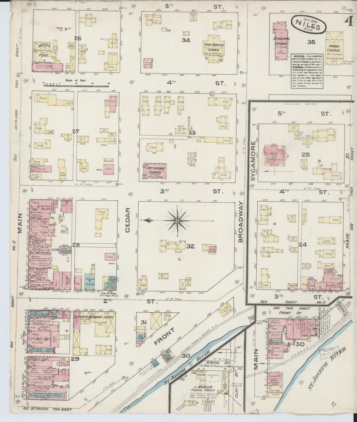 Sanborn Fire Insurance Map from Niles, Berrien County, Michigan (1884), Sheet #0004 - Historic Sanborn Fire Insurance Map Print, vintage old map wall art, antique decor, genealogy gift, Michigan Michigan map