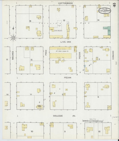 Sanborn Fire Insurance Map from Coleman, Coleman County, Texas (1893), Sheet #0002 - Complete Map Set gallery image, historic Sanborn map, vintage wall art, Texas Texas