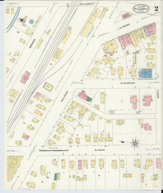 Sanborn Fire Insurance Map from Hillsdale, Hillsdale County, Michigan (1907), Sheet #0002 - Historic Sanborn Fire Insurance Map Print, vintage old map wall art, antique decor, genealogy gift, Michigan Michigan map