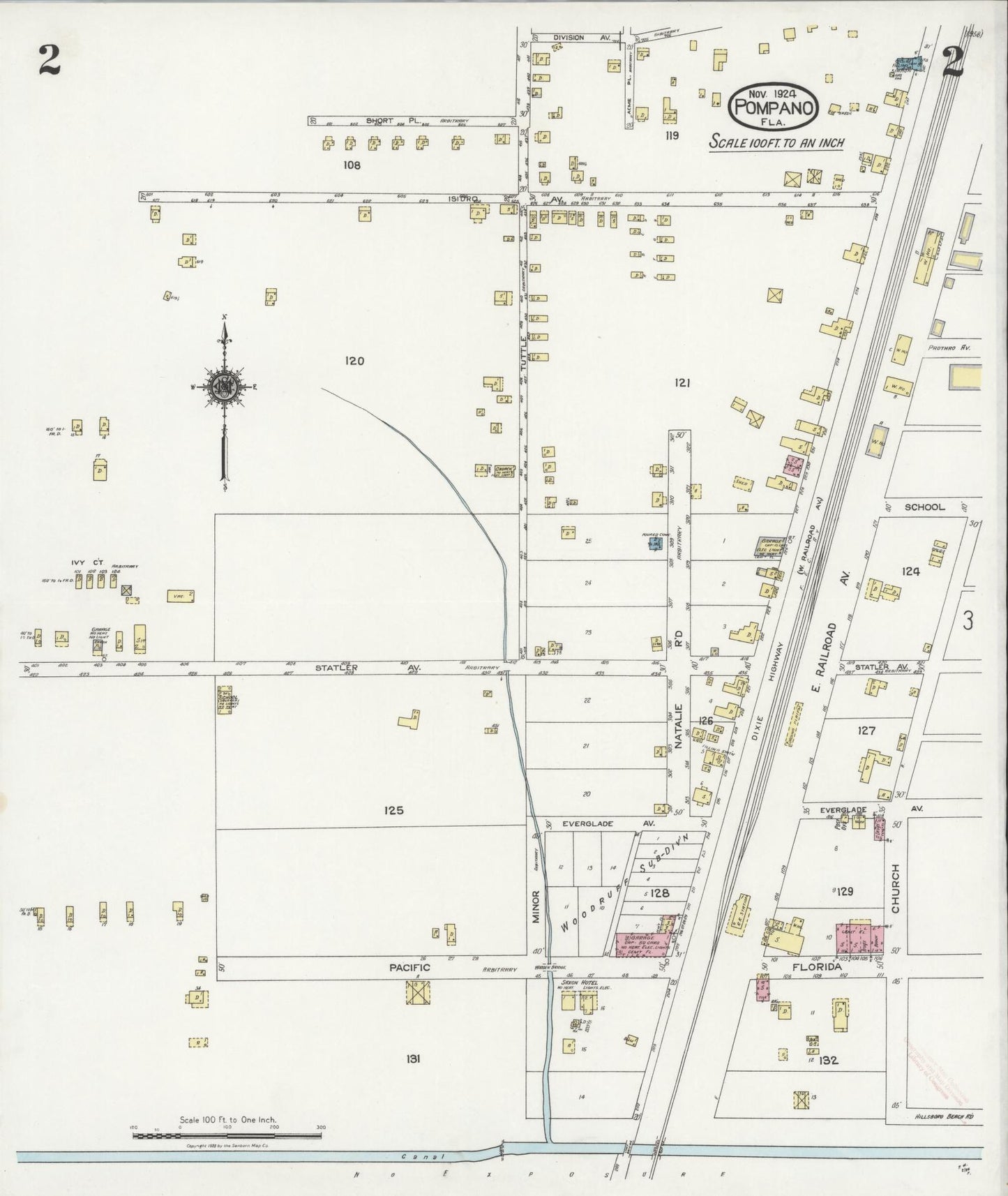 Sanborn Fire Insurance Map from Pompano, Broward County, Florida (1924), Sheet #0002 - Complete Map Set gallery image, historic Sanborn map, vintage wall art, Florida Florida