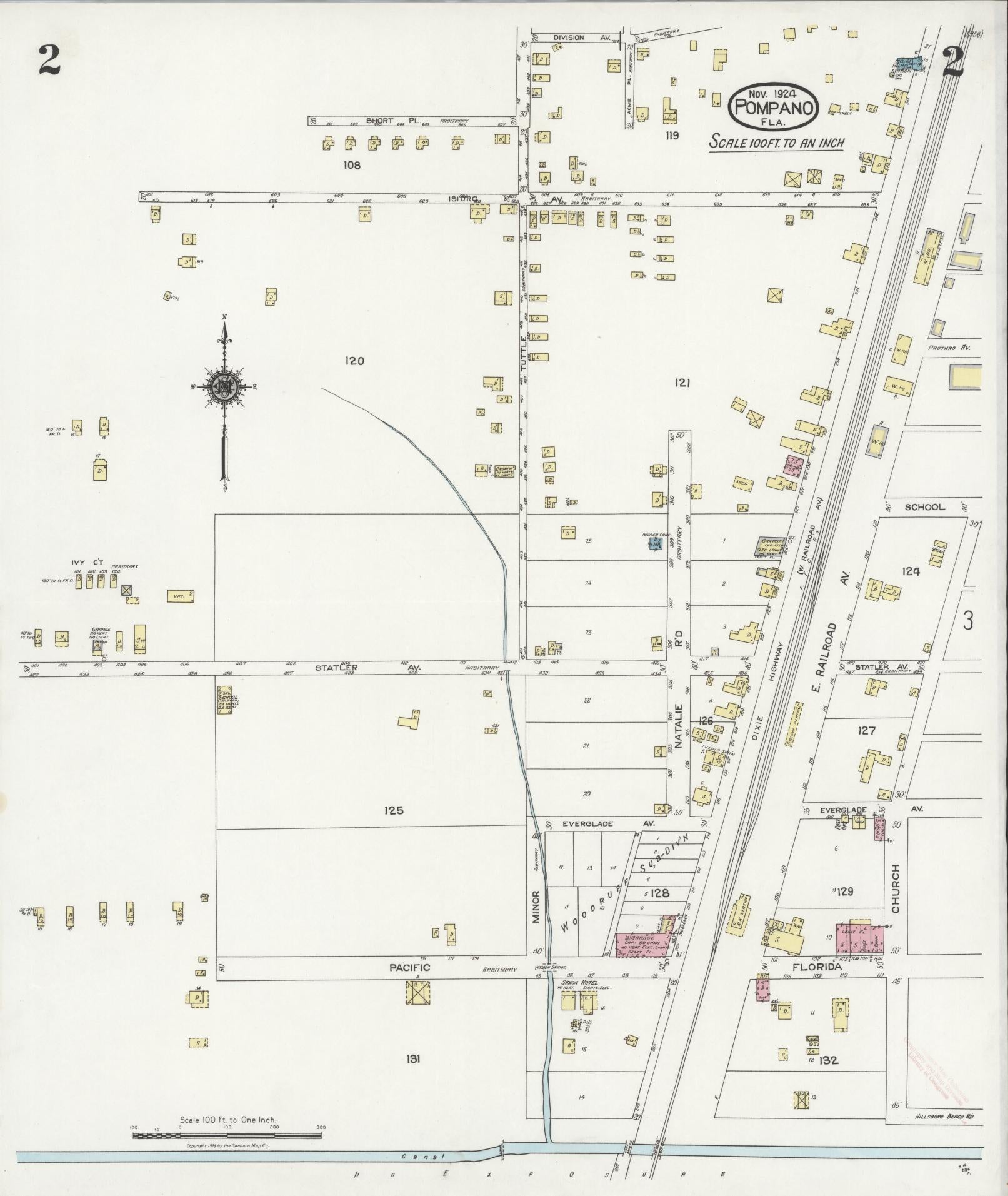 Sanborn Fire Insurance Map from Pompano, Broward County, Florida (1924), Sheet #0002 - Complete Map Set gallery image, historic Sanborn map, vintage wall art, Florida Florida