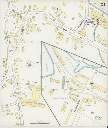 Sanborn Fire Insurance Map from Gloucester, Essex County, Massachusetts (1892), Sheet #0021 - Historic Sanborn Fire Insurance Map Print, vintage old map wall art, antique decor, genealogy gift, Massachusetts Massachusetts map
