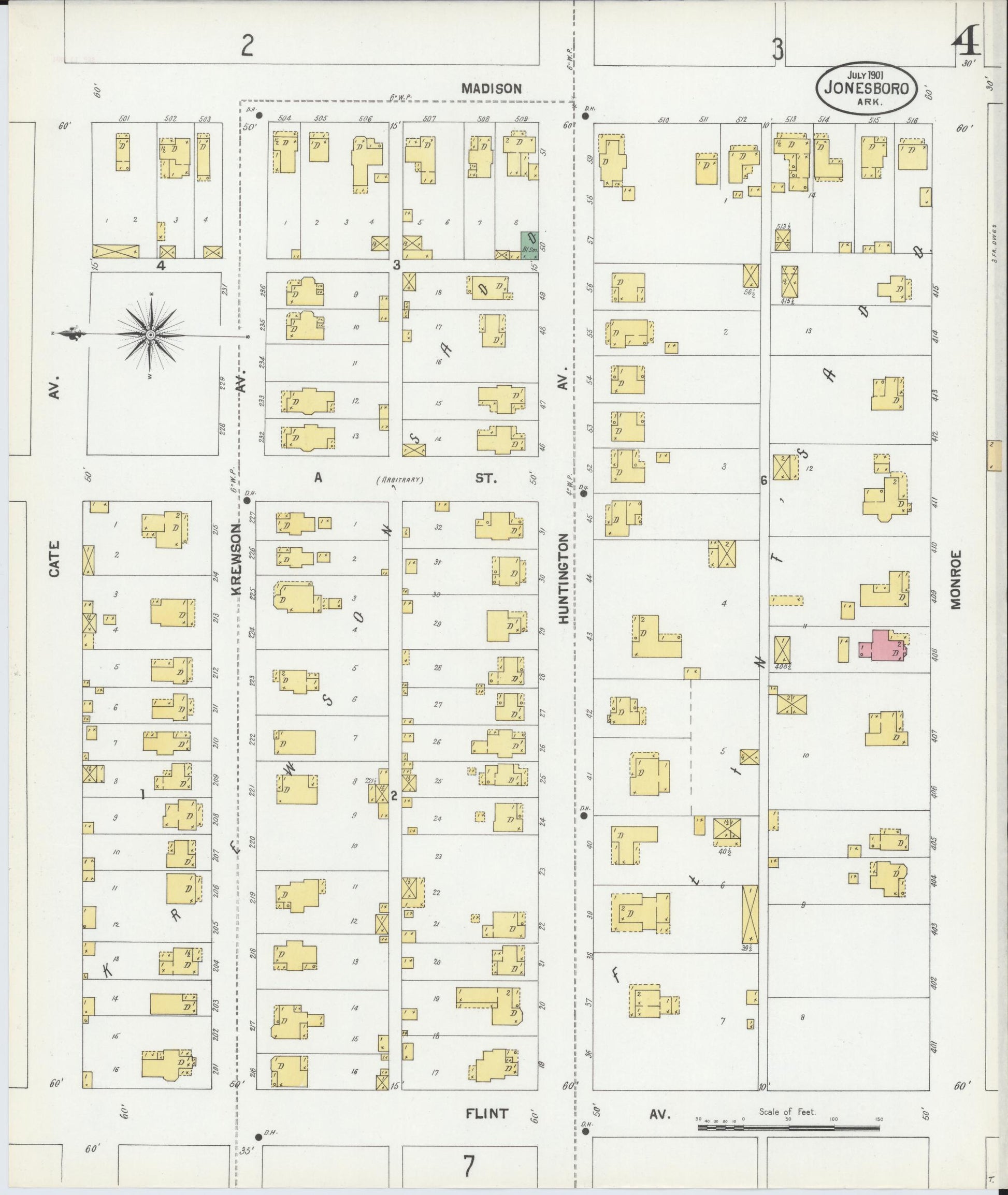 Sanborn Fire Insurance Map from Jonesboro, Craighead County, Arkansas (1901), Sheet #0004 - Historic Sanborn Fire Insurance Map Print, vintage old map wall art, antique decor, genealogy gift, Arkansas Arkansas map